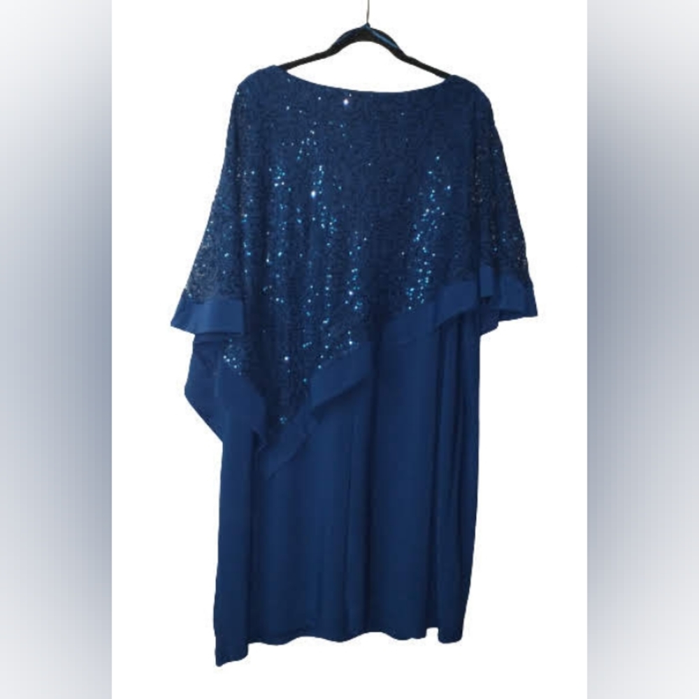 R&M Richards Woman Navy Blue Lace Sequined Over Lay Caplet/Poncho Dress - Picture 2 of 6